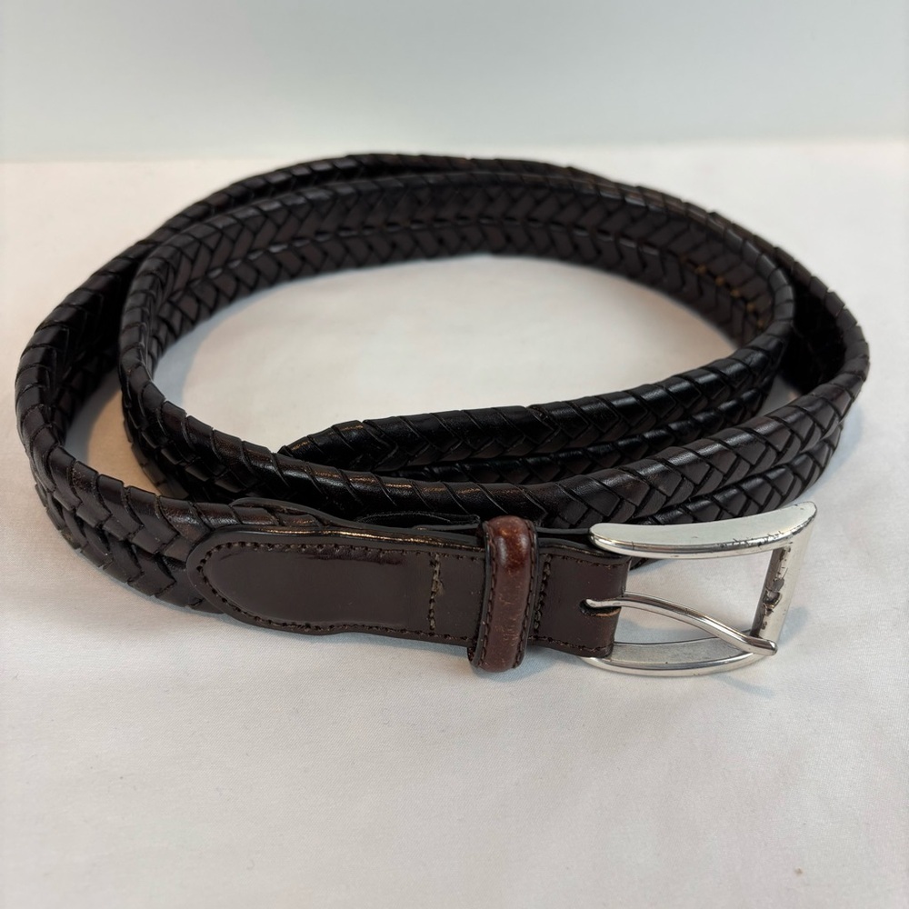 Brighton Brown Leather Woven Belt Men's 40 Silver Buckle Classic Preppy Office